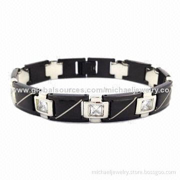 Stainless Steel Bracelets with 9pcs of CZ Stones and Interval of Plating IP Black